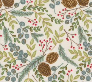 Winter Friends Nature Leaves Pine Cones Snowy White Fabric