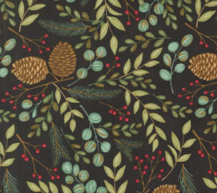 Winter Friends Nature Leaves Pine Cones Charcoal Black Fabric