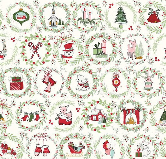 Mistletoe & Holly Wreaths Cloud Fabric