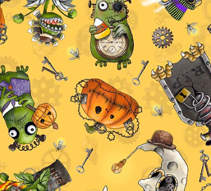 Steampunk Halloween 3 Halloween Character Toss Yellow Fabric