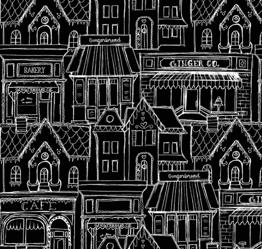 Gingerbread Village Black Fabric