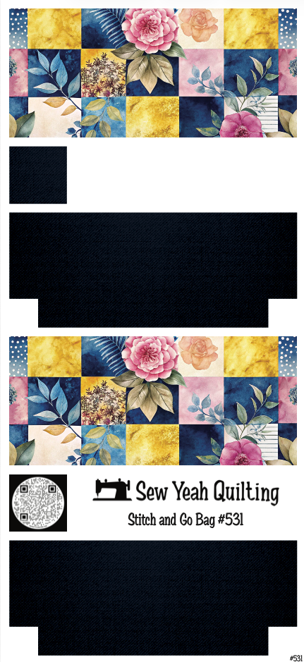 Stitch & Go Bag #531 - Flower Patchwork Watercolor with Pink Rose on Deep Navy Blue