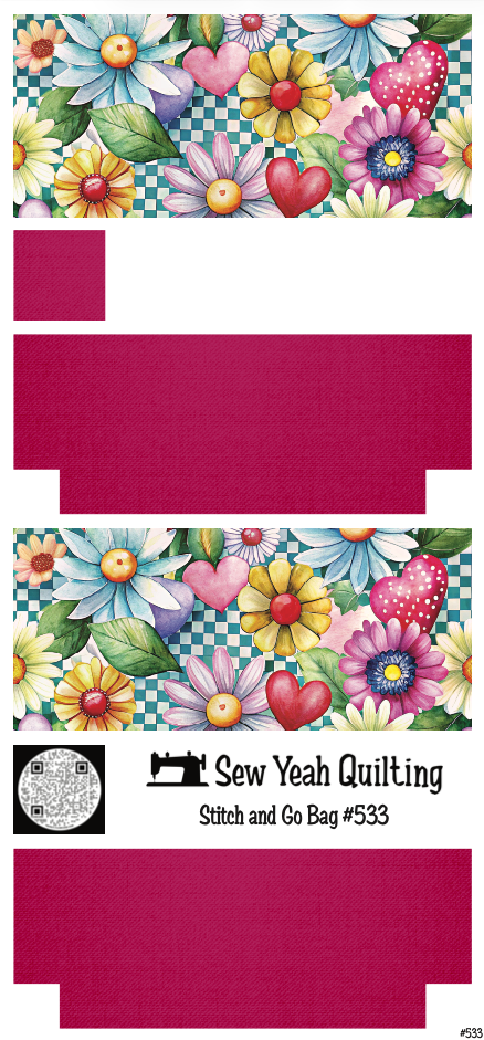 Stitch & Go Bag #533 - Flower Daisy Hearts Checkered on Deep Hot Pink