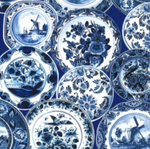 Spring in Delft Delft Blue Plates Royal Blue Fabric