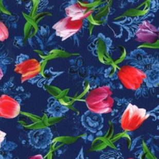 Spring in Delft Tossed Tulips Royal Blue Fabric
