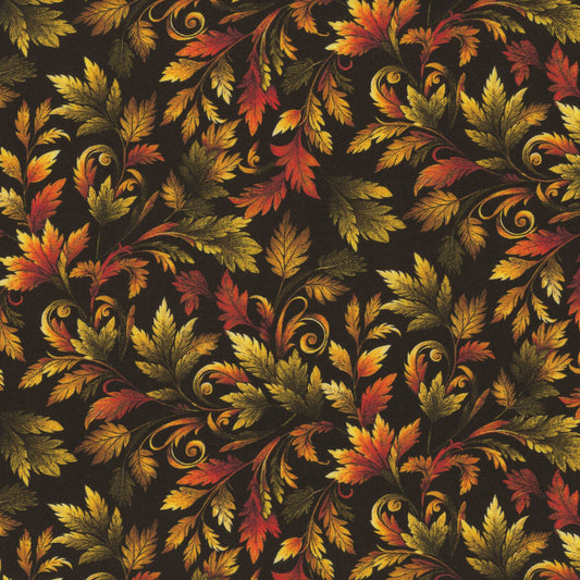 Autumn Cats - Leaf Spray -Black/Spice - Yardage