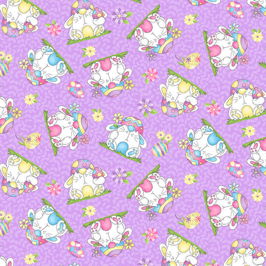 Hoppy Easter Gnomies Bunnies Tossed Lavender Yardage