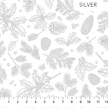 Winterlude Silver Frosted Foliage Fabric