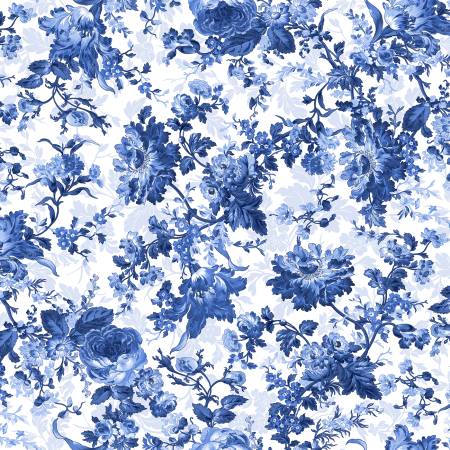 Blue Belle - White Large Floral  - Yardage