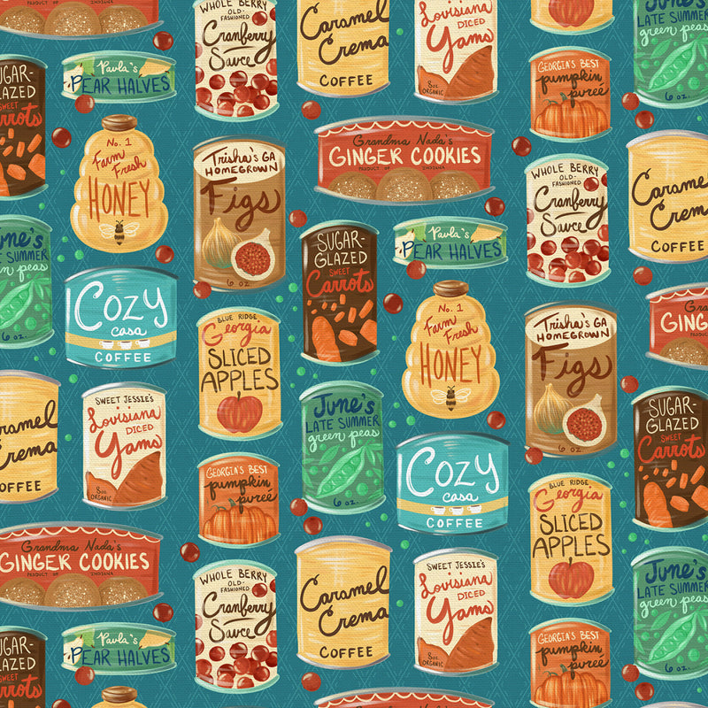 Fall Flavors Canned Goods Teal Fabric