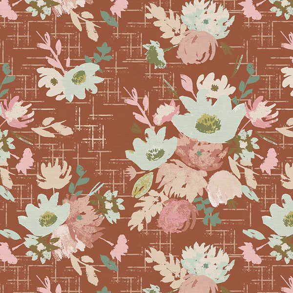 Blossom Floral Bouquet Brick Red Fabric