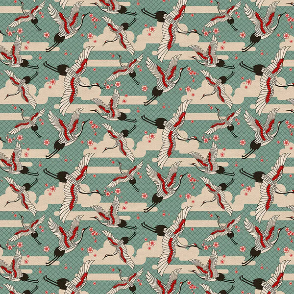 Kimonos & Koi Cranes Teal Fabric