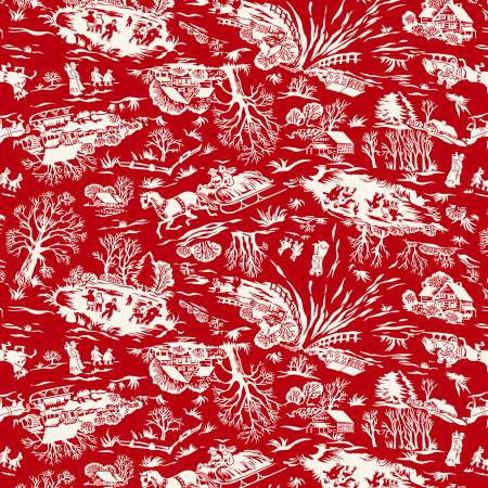 Winter In Snowtown Winter Scene Toile Red Yardage