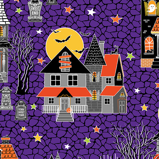 Glow-O-Ween Haunted Houses Purple Yardage