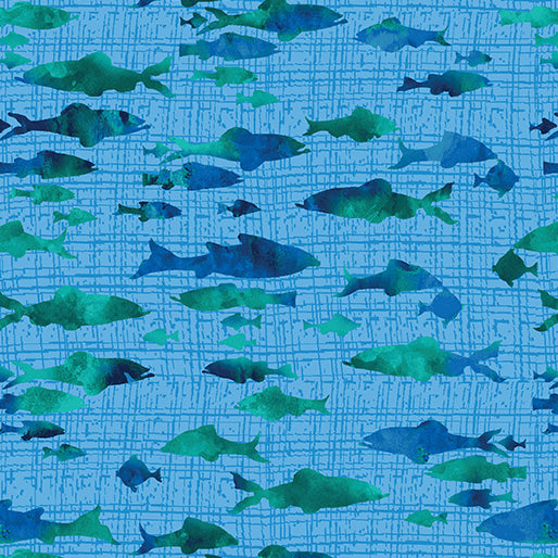 Atlantis Mythical Mermaids Fish Medium Blue Fabric