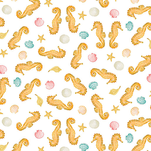 Santa's Vacation Seahorses & Seashells White Fabric