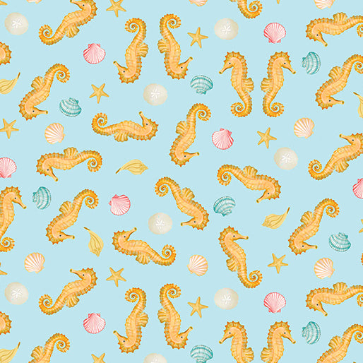 Santa's Vacation Seahorses & Seashells Aqua Fabric