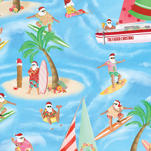 Santa's Vacation Santa at Sea Blue Fabric