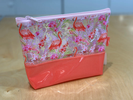 Clear Vinyl Bag #160 - Flamingos & Florals with Coral Base