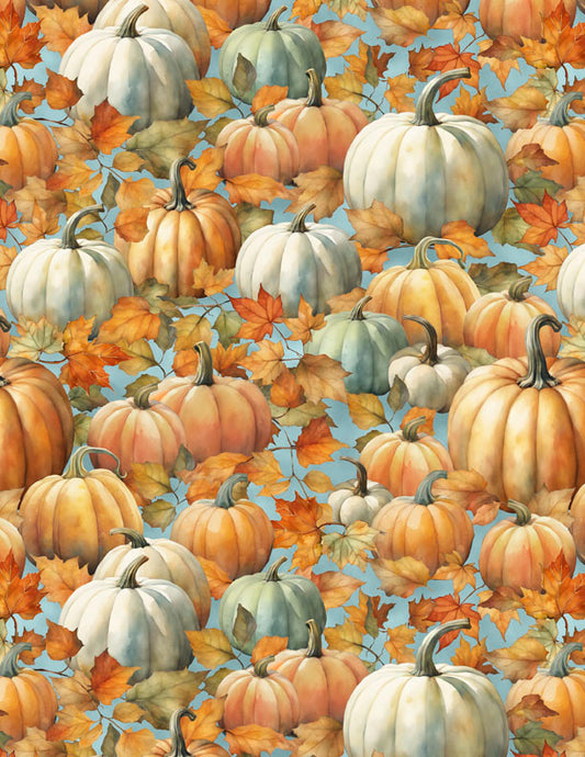 Glorious Fall Packed Pumpkins Blue Fabric