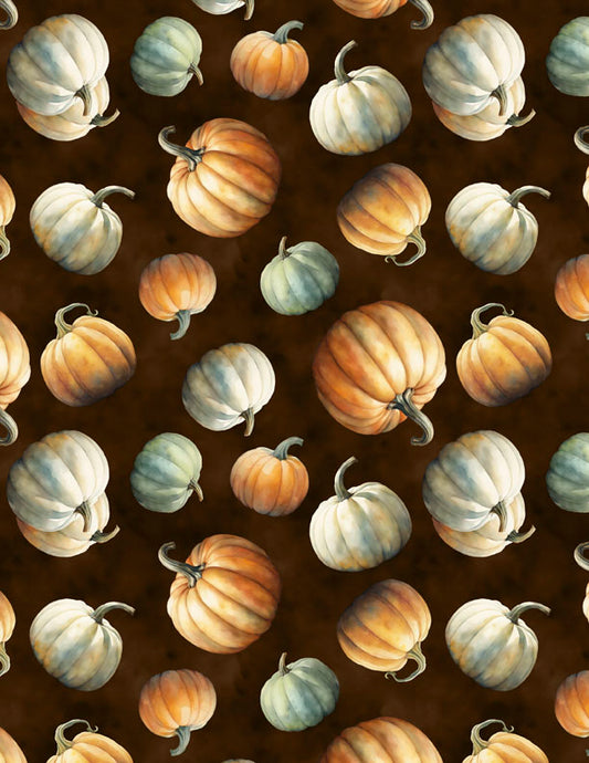 Glorious Fall Tossed Pumpkins Brown Fabric