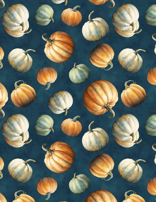 Glorious Fall Tossed Pumpkins Dark Blue Fabric