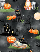 Spooky Tails - Scenic Cats - Black - Yardage