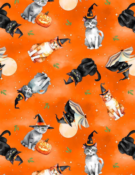 Spooky Tails - Tossed Cats - Orange - Yardage