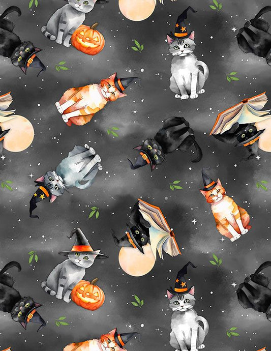 Spooky Tails - Tossed Cats - Black - Yardage