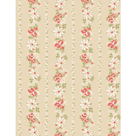 Sentiments Tan Daisies & Roses Stripe Yardage