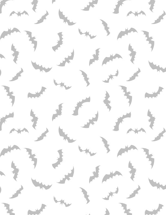 Spooky Spectable Bat Toss White on White Fabric