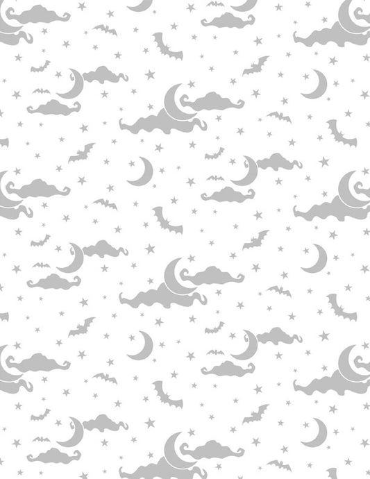 Spooky Spectable Moon and Stars All Over White on White Fabric