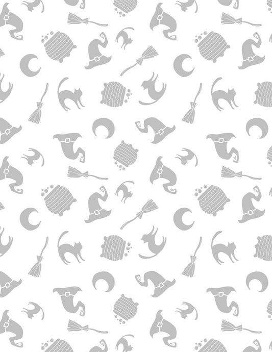 Spooky Spectable Witches Brew All Over White on White Fabric