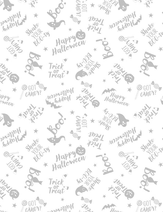 Spooky Spectable Word Toss White on White Fabric