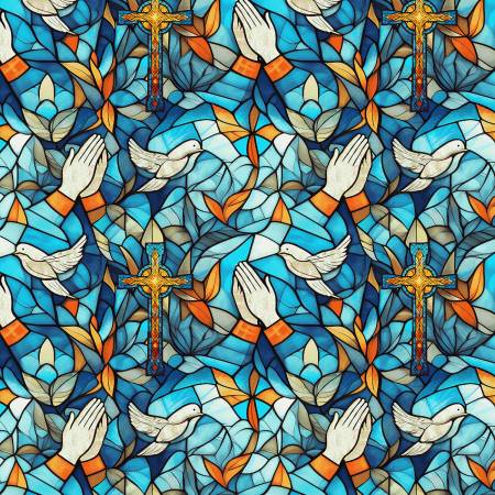 Faith in Full Color - Turquoise/Multi Praying Hands - Yardage