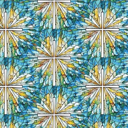 Faith in Full Color - Turquoise/Multi Stained Glass Cross - Yardage