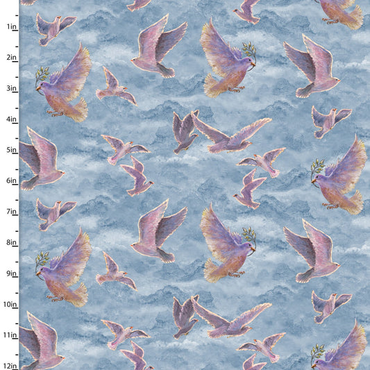 Angel of Peace - 3 Wishes - Doves in Flight - Blue - Yardage