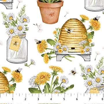 Beecroft Bees, Pots, And Flowers White Fabric