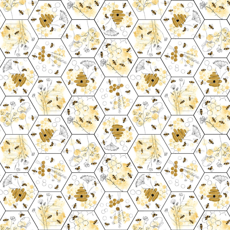 Royal Jelly Bees & Florals in Large Honeycomb Ivory Fabric