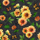 Sunshine Whispers - Sunflowers All Over - Black - Yardage