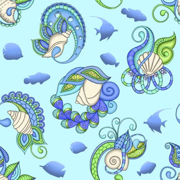 Seashell Mystique Turquoise Shell Paisley Fabric