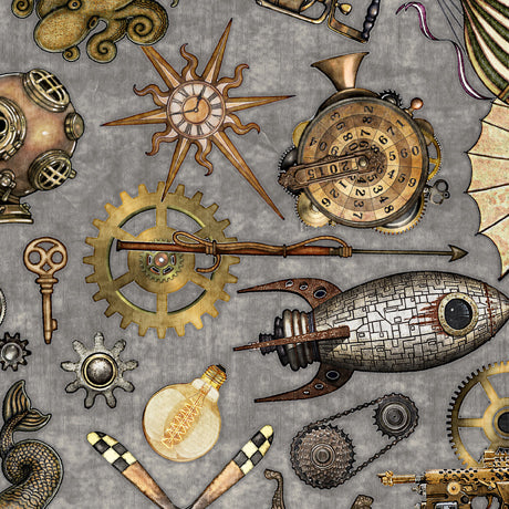 Steampunk Adventures Gray Steampunk Toss Fabric