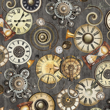 Steampunk Adventures Gray Clock Toss Fabric