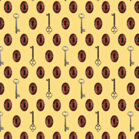 Steampunk Hallow 2 Keys and  Keyholes Yellow Yardage