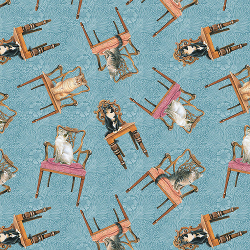 Sophisticats Cats On Chairs Light Blue Fabric