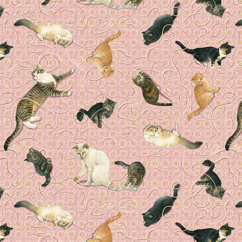 Sophisticats Cats Playing With Yarn Pink Yardage