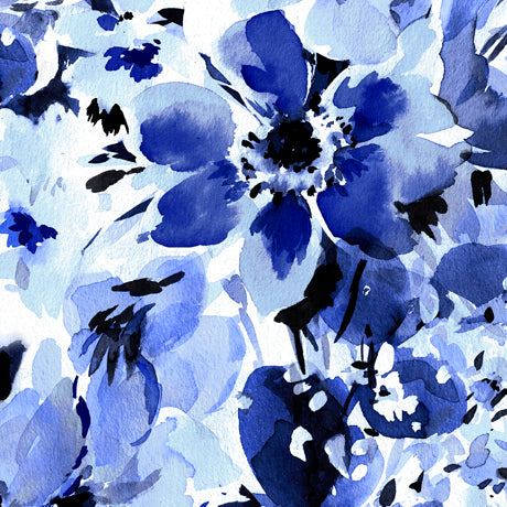 Blossoms Of Blue Watercolor Floral Blue Yardage