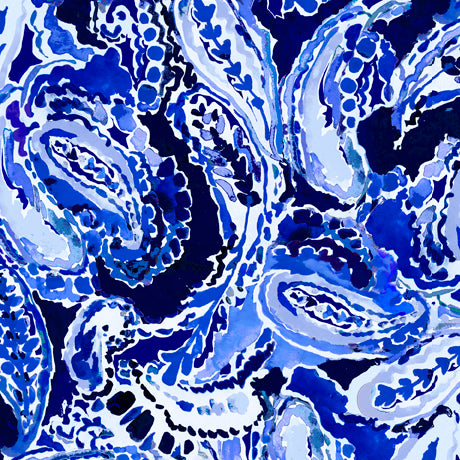 Blossoms Of Blue Watercolor Paisley Navy Fabric