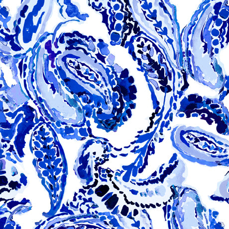 Blossoms Of Blue Watercolor Paisley White Fabric