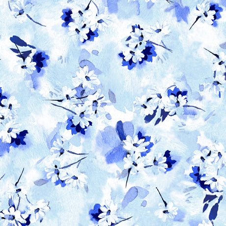 Blossoms Of Blue Tossed Watercolor Flowers Blue Fabric